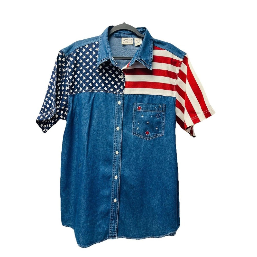 Quizz Again Jeans Women's XL Patriotic Denim Shirt USA Flag July 4th